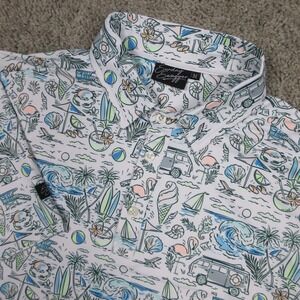 Sunday Swagger Polo Shirt Mens Medium White Graphic Print Summer Beach Golf EUC